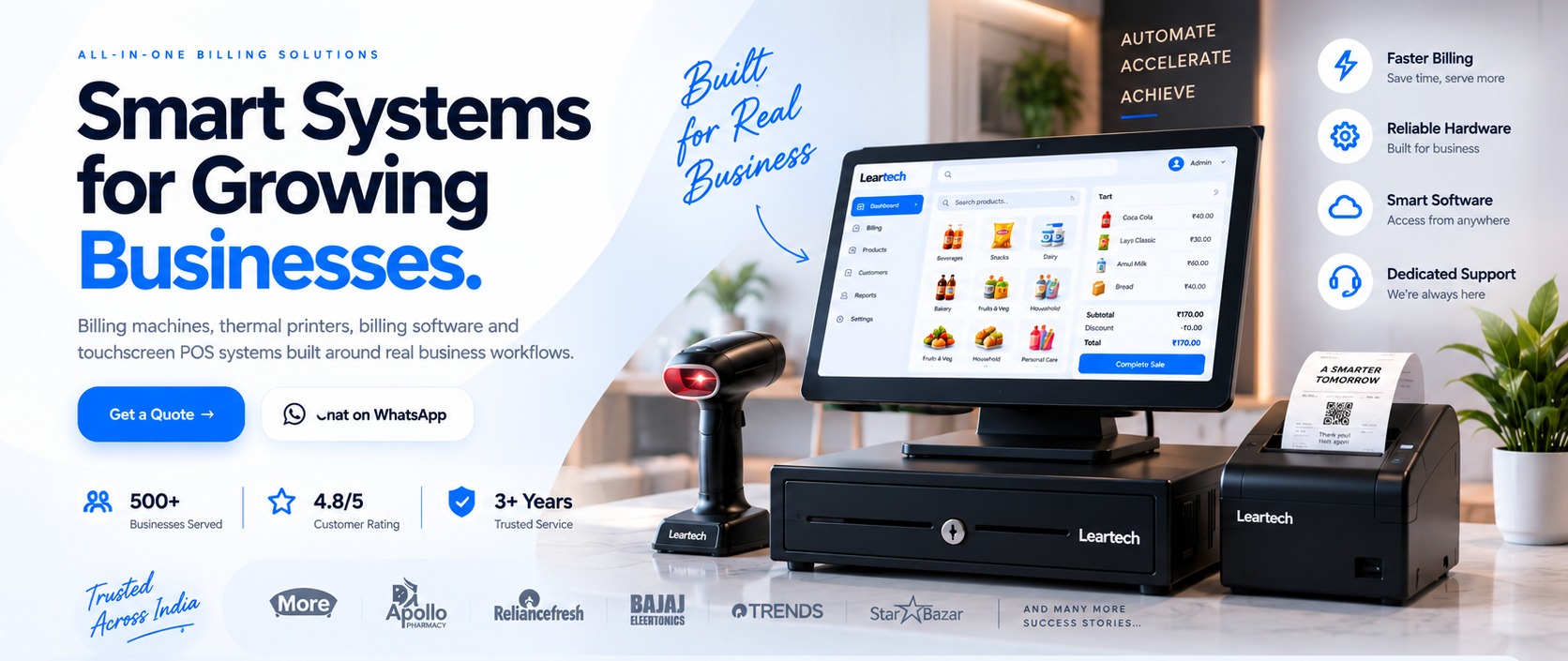 Leartech smart billing solutions featuring touchscreen POS, barcode scanner, cash drawer and thermal printer